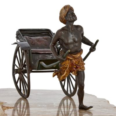 Franz Xaver Bergmann Antique cold painted bronze of a pulled rickshaw by Bergman