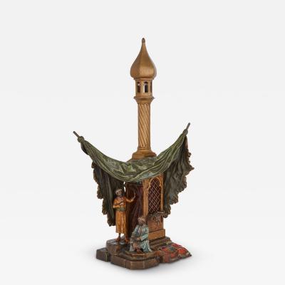 Franz Xaver Bergmann Large antique cold painted bronze lamp of a minaret scene by Bergman