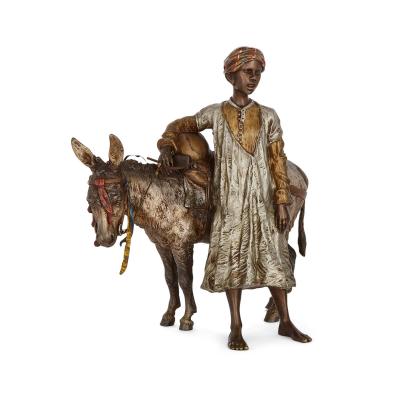 Franz Xaver Bergmann Orientalist cold painted bronze sculpture of a boy and a donkey by Bergman