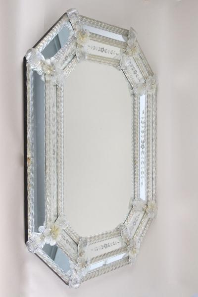 Fratelli Barbini Octagonal Murano Glass Mirror With Engravings Glass Flowers Signed IT 1970s