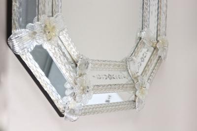 Fratelli Barbini Octagonal Murano Glass Mirror With Engravings Glass Flowers Signed IT 1970s