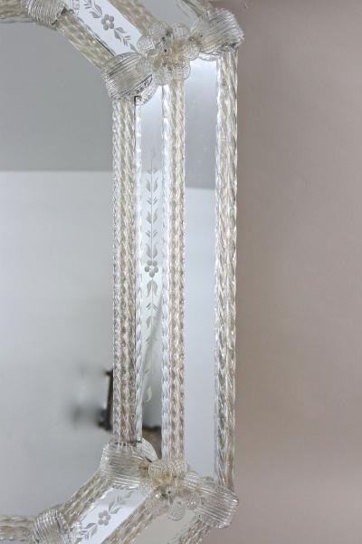 Fratelli Barbini Octagonal Murano Glass Mirror With Engravings Glass Flowers Signed IT 1970s