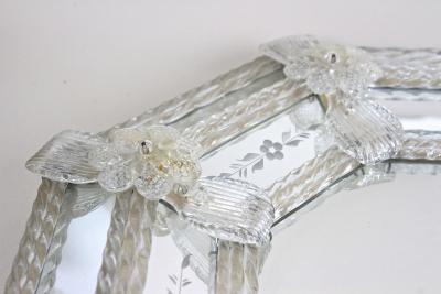 Fratelli Barbini Octagonal Murano Glass Mirror With Engravings Glass Flowers Signed IT 1970s