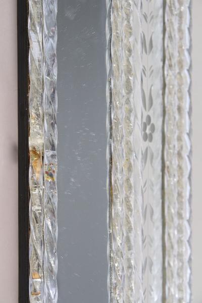 Fratelli Barbini Octagonal Murano Glass Mirror With Engravings Glass Flowers Signed IT 1970s