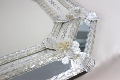 Fratelli Barbini Octagonal Murano Glass Mirror With Engravings Glass Flowers Signed IT 1970s