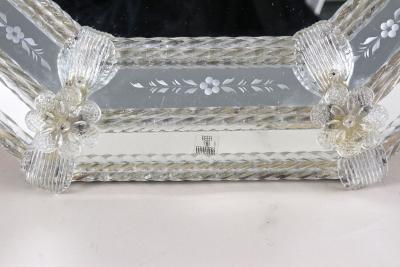 Fratelli Barbini Octagonal Murano Glass Mirror With Engravings Glass Flowers Signed IT 1970s