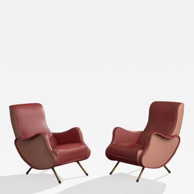 Fratelli Bergallo Lounge Chairs with Brass Vinyl and Wood Italy 1950s