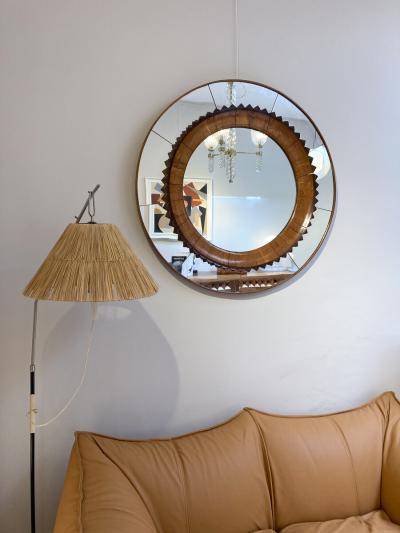 Fratelli Marelli Mid Century Modern Circular Walnut Wall Mirror by Fratelli Marelli Italy 1950s