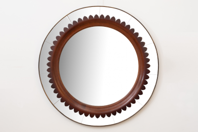 Fratelli Marelli Mid Century Modern Round Walnut and Brass Mirror by Fratelli Marelli