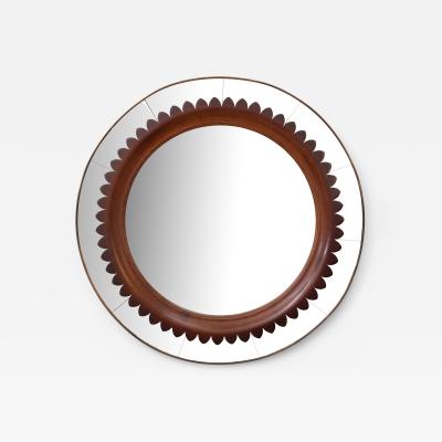 Fratelli Marelli Mid Century Modern Round Walnut and Brass Mirror by Fratelli Marelli