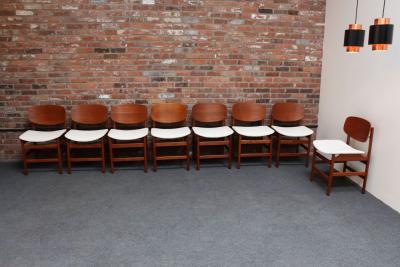 Fratelli Saporiti Set of Eight Italian Modern Shell Dining Chairs in Teak and Boucl by Saporiti