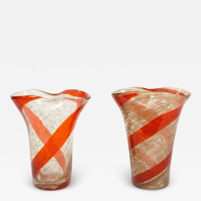 Fratelli Toso Fratelli Toso Pair of Pinched Top Glass Vases With Red Spiral 1950s