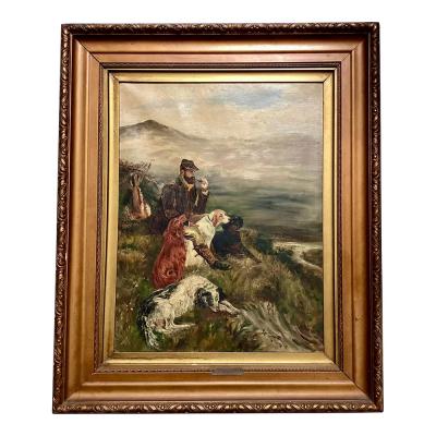 Fred E Robertson Antique Folk Art Hunt Scene With Dogs Oil Painting E Roberts
