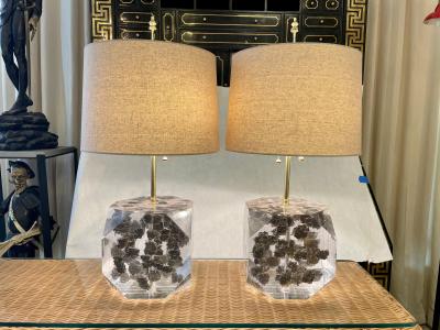 Freda Koblick Lucite Layered Hexagonal Block Lamps Pair by Freda Koblick