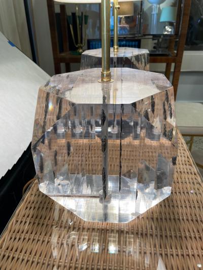 Freda Koblick Lucite Layered Hexagonal Block Lamps Pair by Freda Koblick