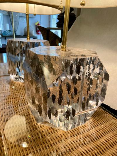 Freda Koblick Lucite Layered Hexagonal Block Lamps Pair by Freda Koblick