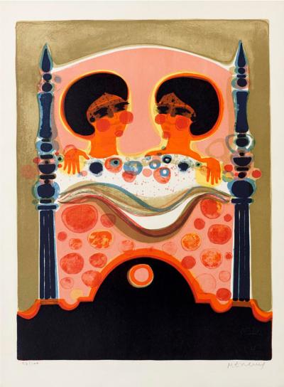 Frederic Menguy Two ladies Colour lithograph by Frederic Menguy