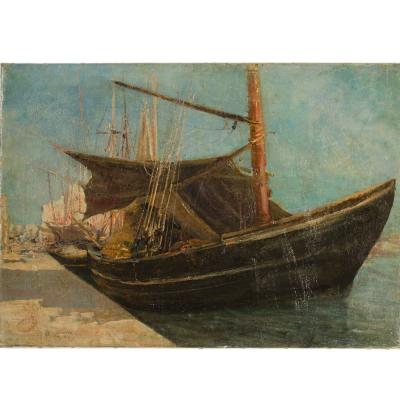Frederic Montenard Frederic Montenard FRENCH 1849 1926 Fishing Boats in a Harbor painting