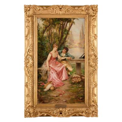 Frederic Soulacroix Antique French oil painting of a romantic courting scene by Frederic Soulacroix