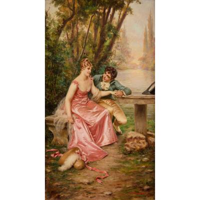 Frederic Soulacroix Antique French oil painting of a romantic courting scene by Frederic Soulacroix