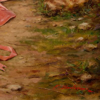 Frederic Soulacroix Antique French oil painting of a romantic courting scene by Frederic Soulacroix