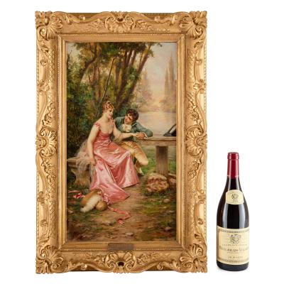 Frederic Soulacroix Antique French oil painting of a romantic courting scene by Frederic Soulacroix