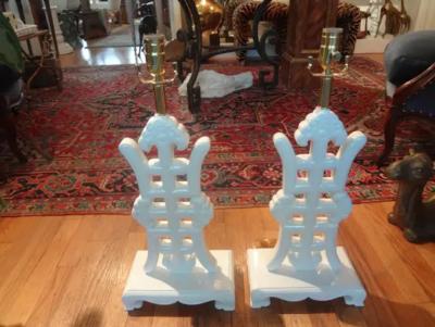 Frederick Cooper Lamp Co Pair of Asian Modern James Mont Style White Lacquered Lamps