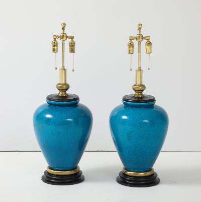 Frederick Cooper Lamp Co Pair of Cerulean Blue Crackle Glazed Lamps by Frederick Cooper