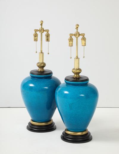 Frederick Cooper Lamp Co Pair of Cerulean Blue Crackle Glazed Lamps by Frederick Cooper