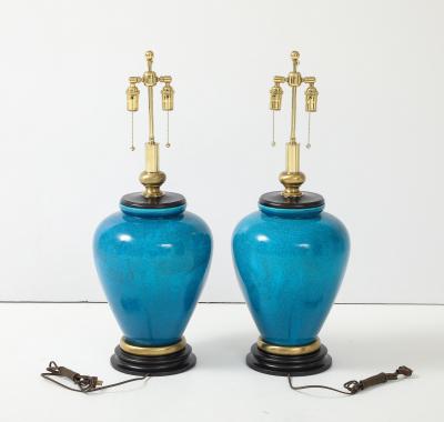 Frederick Cooper Lamp Co Pair of Cerulean Blue Crackle Glazed Lamps by Frederick Cooper