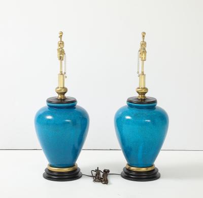Frederick Cooper Lamp Co Pair of Cerulean Blue Crackle Glazed Lamps by Frederick Cooper