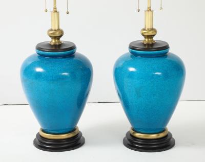 Frederick Cooper Lamp Co Pair of Cerulean Blue Crackle Glazed Lamps by Frederick Cooper