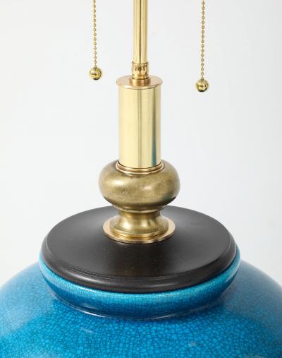 Frederick Cooper Lamp Co Pair of Cerulean Blue Crackle Glazed Lamps by Frederick Cooper