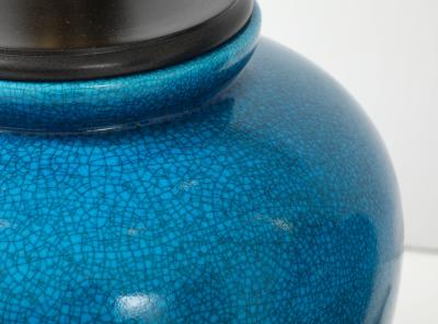Frederick Cooper Lamp Co Pair of Cerulean Blue Crackle Glazed Lamps by Frederick Cooper