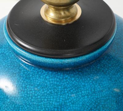 Frederick Cooper Lamp Co Pair of Cerulean Blue Crackle Glazed Lamps by Frederick Cooper