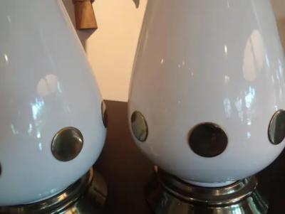 Frederick Cooper Lamp Co Pair of Italian Mid Century Modern White Porcelain and Brass Lamps
