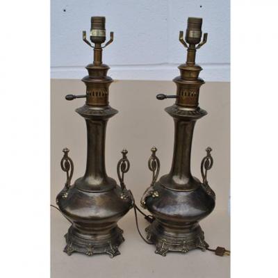 Frederick Cooper Lamp Co Vintage Pair of Aged Brass Lamps by Frederick Cooper