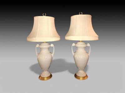 Frederick Cooper Lenox Neoclassical Style White Porcelain Table Lamps 1980s