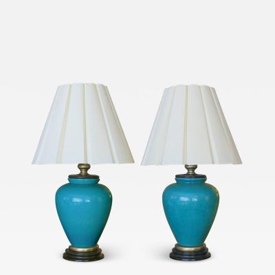 Frederick G Cooper A pair of American turquoise crackle glaze ceramic lamps by Frederick Cooper