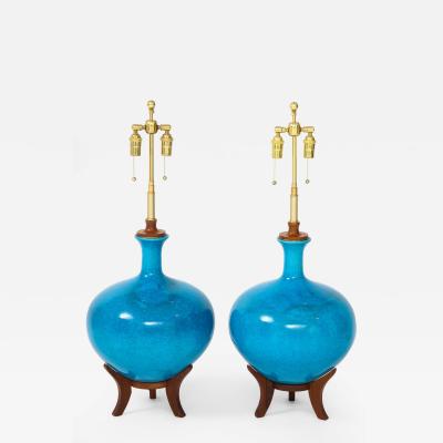 Frederick G Cooper Fabulous Pair of Mid Century Lamps With A Cerulean Blue Crackle Glaze 