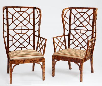 Frederick Victoria Monumental Pair of Faux Tortoise Chinese Chippendale Style Arm Chairs