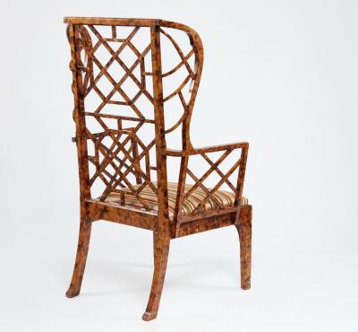 Frederick Victoria Monumental Pair of Faux Tortoise Chinese Chippendale Style Arm Chairs