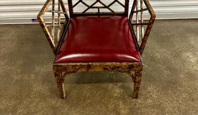 Frederick Victoria Monumental Pair of Faux Tortoise Chinese Chippendale Style Arm Chairs