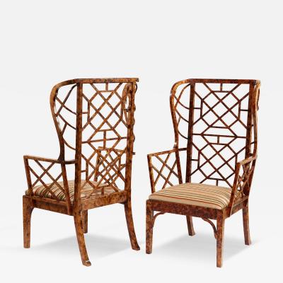 Frederick Victoria Monumental Pair of Faux Tortoise Chinese Chippendale Style Arm Chairs