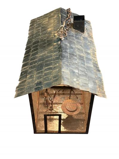 Frederick Weinberg MID CENTURY CABIN METAL DIORAMA OF A MAN WOMAN CHILD CAT ILLUMINATED LANTERN