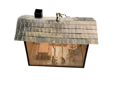 Frederick Weinberg MID CENTURY CABIN METAL DIORAMA OF A MAN WOMAN CHILD CAT ILLUMINATED LANTERN