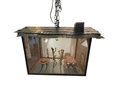 Frederick Weinberg MID CENTURY CABIN METAL DIORAMA OF A MAN WOMAN CHILD CAT ILLUMINATED LANTERN