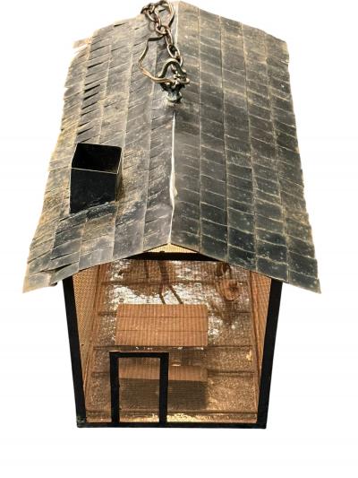 Frederick Weinberg MID CENTURY CABIN METAL DIORAMA OF A MAN WOMAN CHILD CAT ILLUMINATED LANTERN