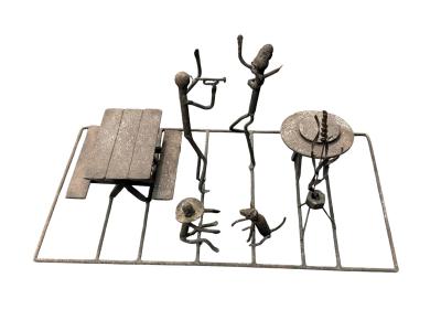 Frederick Weinberg MID CENTURY CABIN METAL DIORAMA OF A MAN WOMAN CHILD CAT ILLUMINATED LANTERN