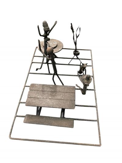 Frederick Weinberg MID CENTURY CABIN METAL DIORAMA OF A MAN WOMAN CHILD CAT ILLUMINATED LANTERN